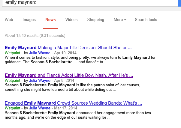 "Google News": Top 3 results for "Emily Maynard" all Wetpaint